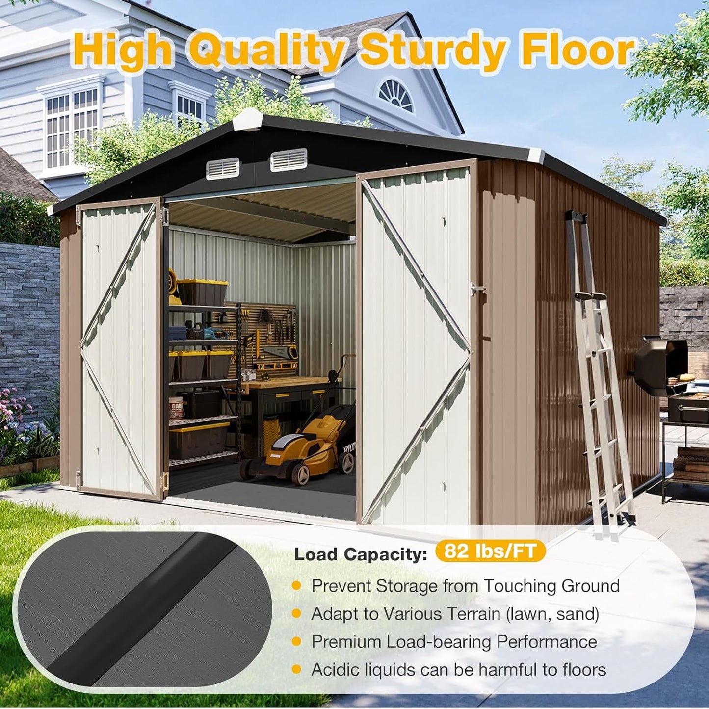 10x8 FT Outdoor Metal Storage Shed with Floor & Lockable Double Doors, Heavy-Duty Galvanized Steel Outdoor Shed for Bike, Tool, Generator Storage in Backyard, Patio (10’x8’, Floor)