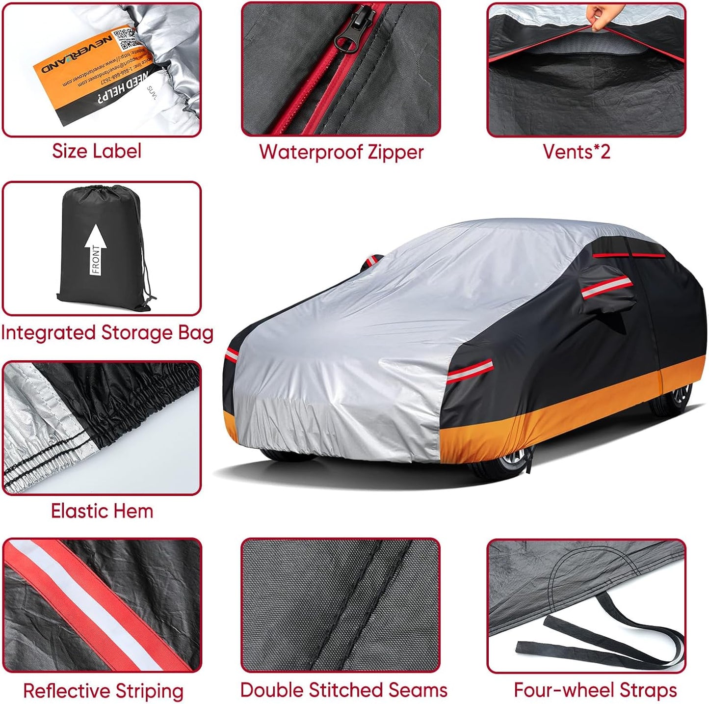 NEVERLAND Car Cover - Car Cover Waterproof All Weather Snowproof UV Protection Windproof Full Car Covers with Side Door Zipper,Reflective Strips,Storage Bag Full Exterior Covers for Sedan L(177"-183")