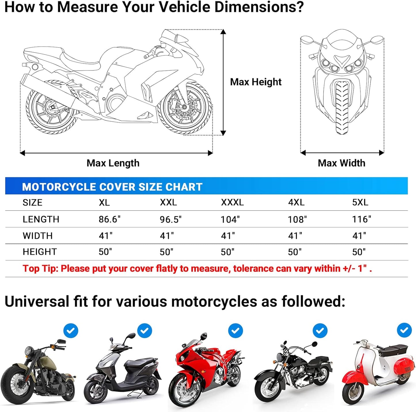 Favoto Motorcycle Cover Waterproof Outdoor - 104 inches Length All Season Universal Weather Sun Rain Protection Night Reflector with Lock-Holes & Storage Bag Motorbike Vehicle Cover, Red
