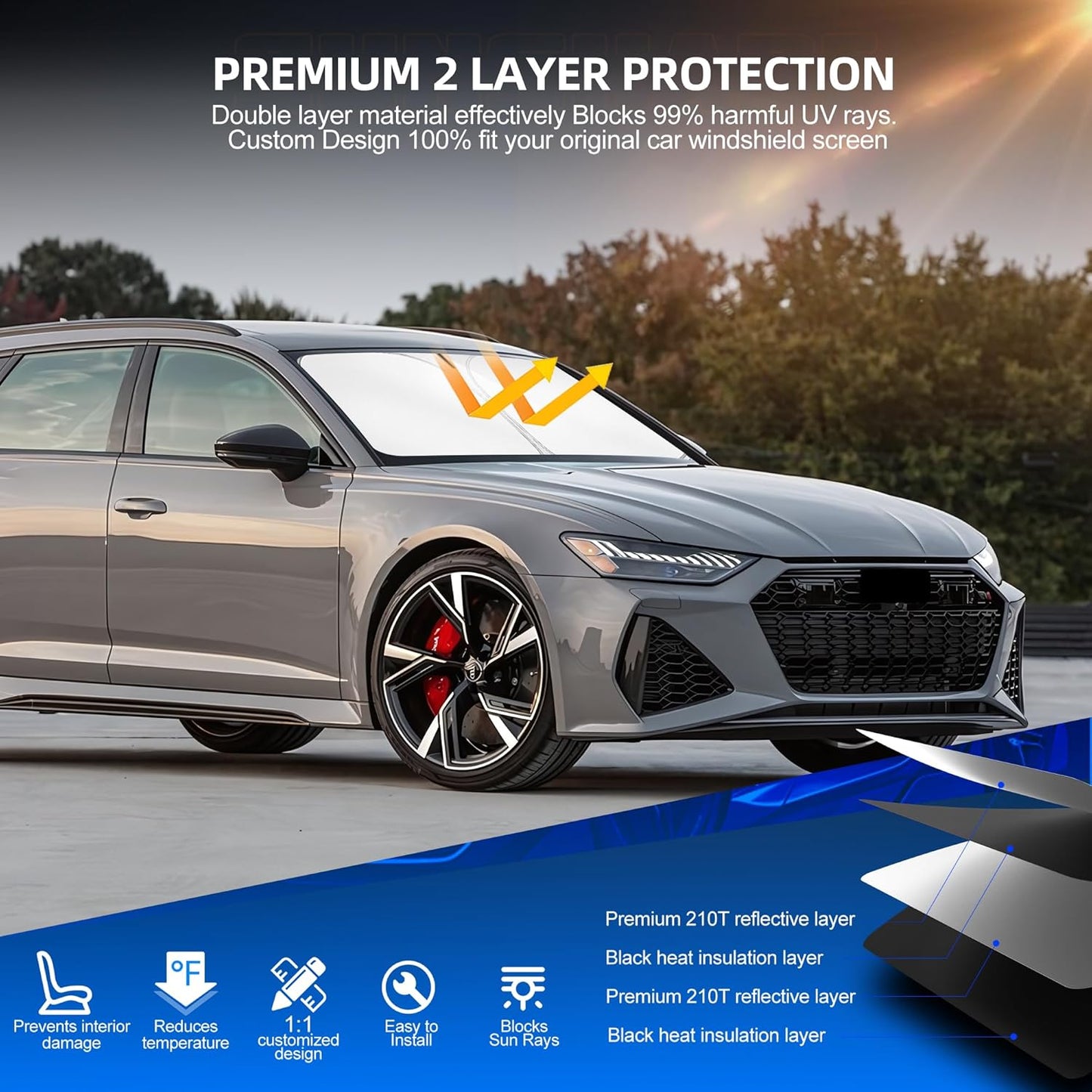 Windshield Sun Shade for Audi A6 2019-2025 Foldable Sunshade Custom Fit Front Window Car Interior Accessories Protector Blocks UV Rays