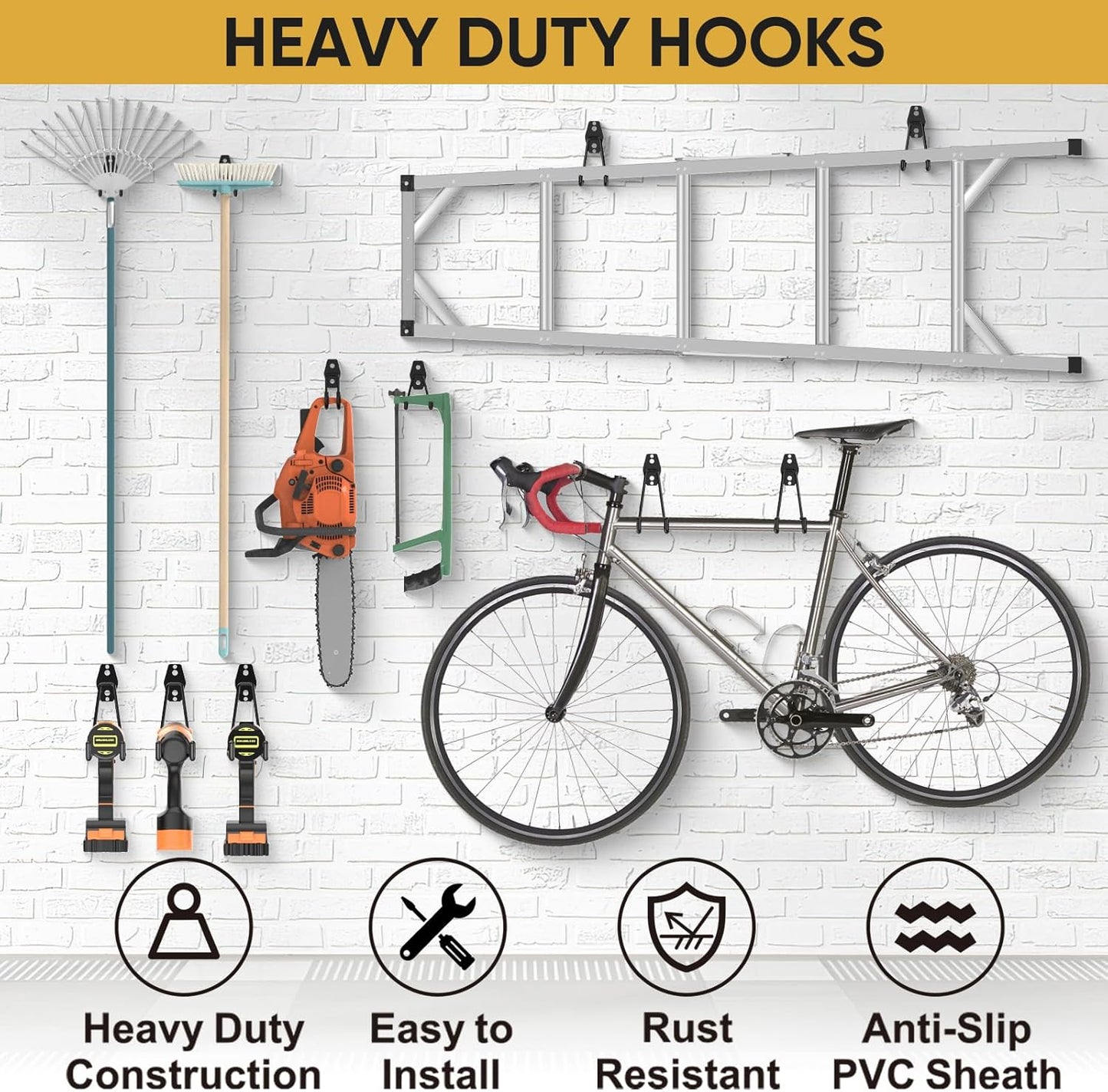 TICONN 12 Pack Heavy Duty Garage Hooks, Steel Utility Wall Storage Hooks, Wall Mount Hanger Organizer for Ladders, Bikes, Tools, Bulky Items (Set, Orange)