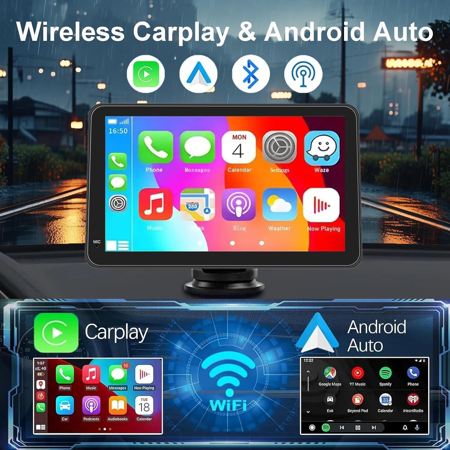 Portable Carplay Screen for Car, 7" HD Touchscreen Car Stereo with Wireless Android Auto, Car Audio Receivers with Backup Camera/GPS Navigation/Mirror Link/Voice Control/Bluetooth