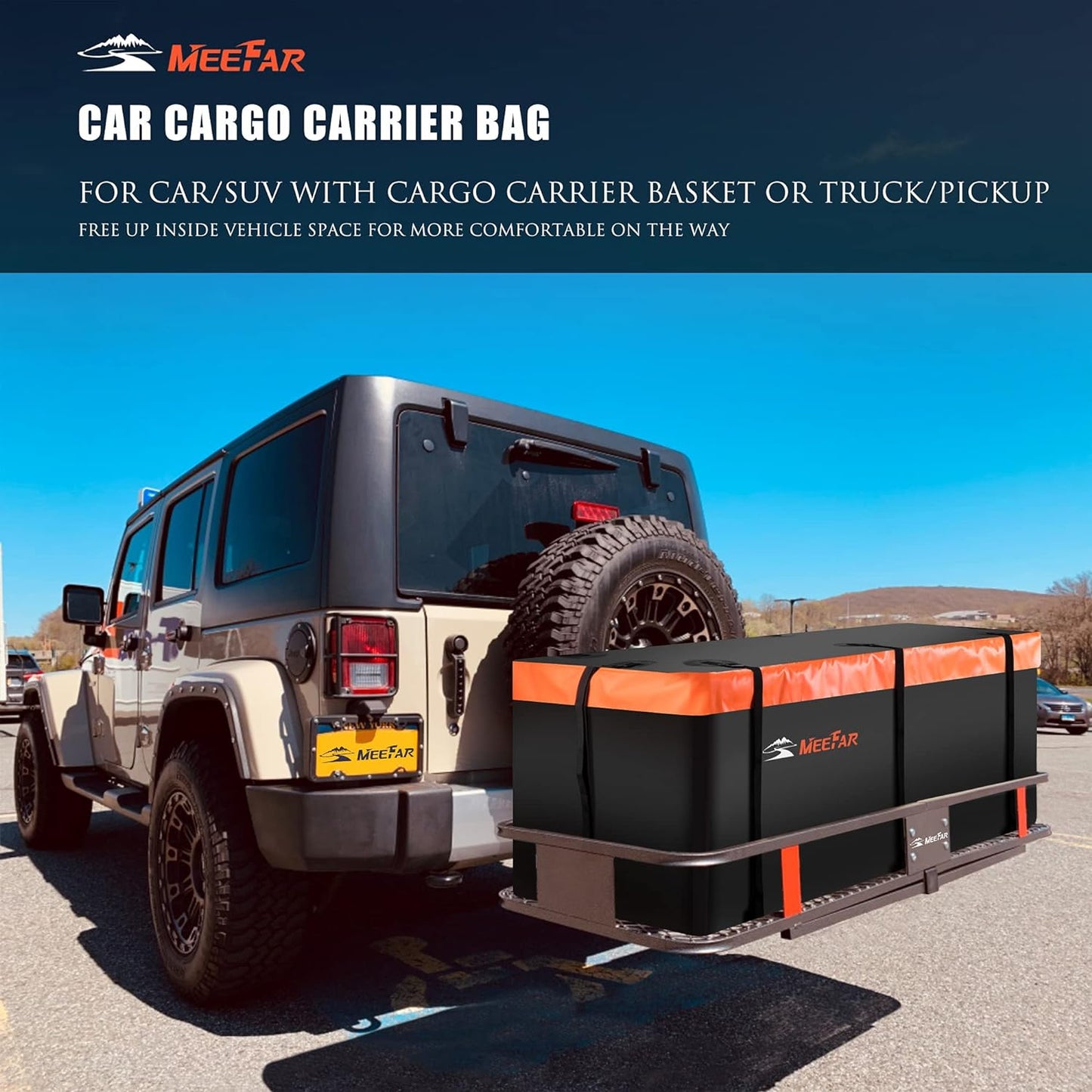 MeeFar Hitch Mount Cargo Carrier Bag Soft Shell 100% Waterproof 20 Cubic Feet (59" 24" 24") Include 8 Reinforced Straps for Truck Pickup All Vehicle with Steel Cargo Basket