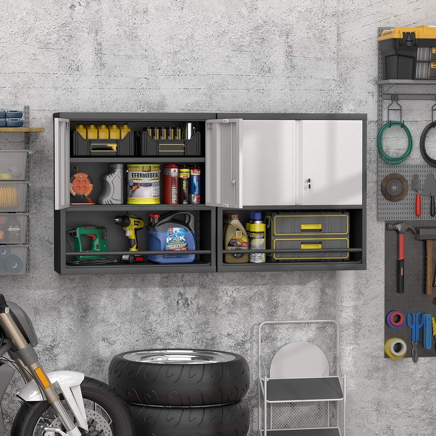 GREATMEET 31" H Metal Garage Storage Cabinets,Wall Cabinet Storage,Lockable Wall Mount Cabinet, Metal Wall Cabinet for Garage Office Utility Room, Black&Grey