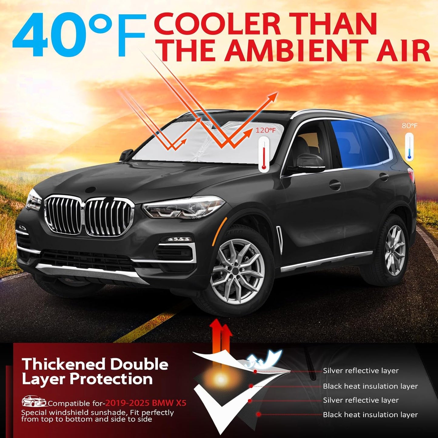 KAYZT Windshield Sun Shade for 2019-2025 2026 BMW X5 Foldable Sunshade SUV Front Window Custom Fit Car Accessories