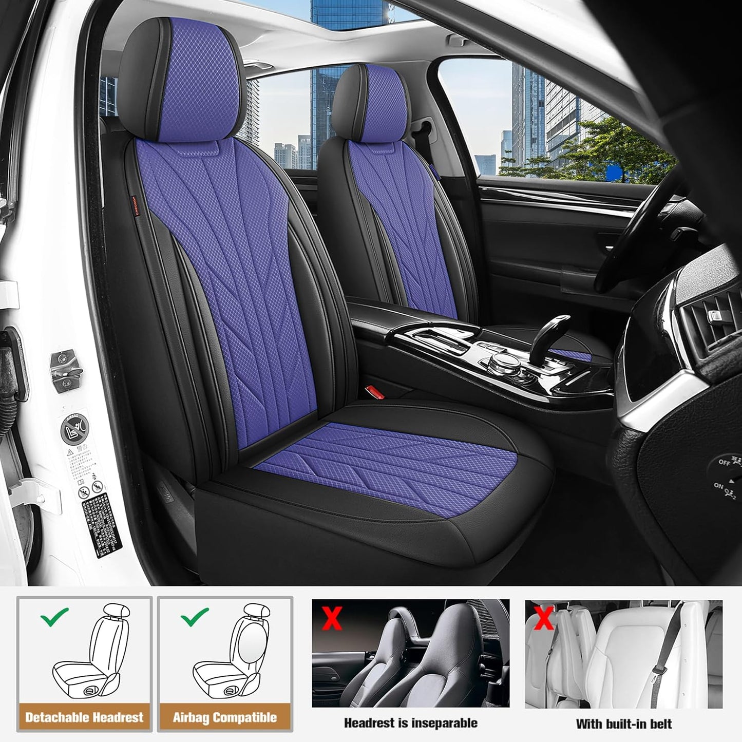 CAROMOP Luxury Faux Leather&Fabric Car Seat Covers Full Set with Breathable 3D Foam Back Support,Universal Comfortable Seat Covers for Cars,Trucks,SUVs, Front Armrests Compatible(5-Seat Black/Blue)