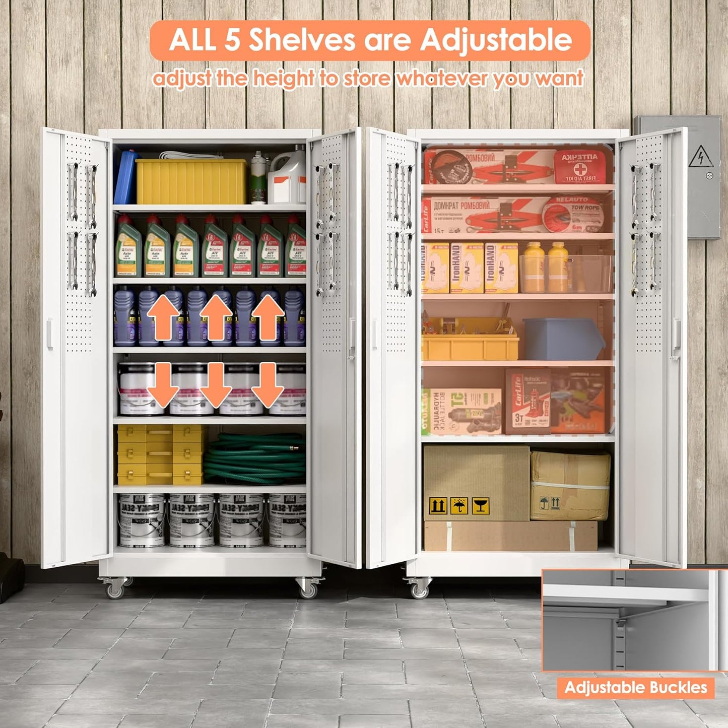 71" H×32" W×16" D Garage Storage Cabinet with Wheels, Locking Metal Storage Cabinet with 5 Adjustable Shelves, 4 Hooks and Pegboard for Garage, Home Office, Kitchen, Assembly Required, White