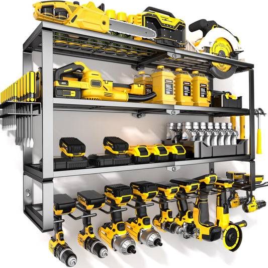 YYR Large Power Tool Organizer Wall Mount, Heavy Duty Metal Cordless Drill Storage Rack with Battery Charging Station Shelf, Utility Racks for Garage Organization, 4 Layer 10 Drills Holder Extra Tall