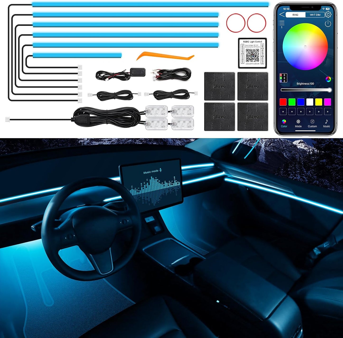 Acrylic Interior Car LED Strip Light with Wireless APP, RGB 10 in 1 with 175 inches 612 LEDs Fiber Optic Car Ambient Lighting Kits, Dynamic Music Sync Neon LED Strip Lights for Car