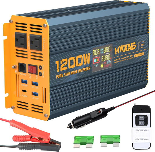 1200 Watt Pure Sine Wave Power Inverter DC 12V to 110V AC Converter with Dual AC Outlets, PD60W/QC3.0 Fast Charging USB Ports, Car Solar Inverter with LCD Display for Home RV Truck