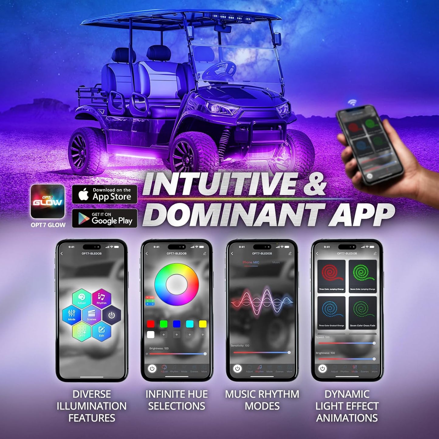 OPT7 Aura Pro Underglow Lights Kit for Golf Cart with APP & Remote Control, Waterproof Rigid Aluminum Light Bar, RGB Multicolor Music Sync LED Lighting Kit for EZGO Yamaha Club Car, 12V