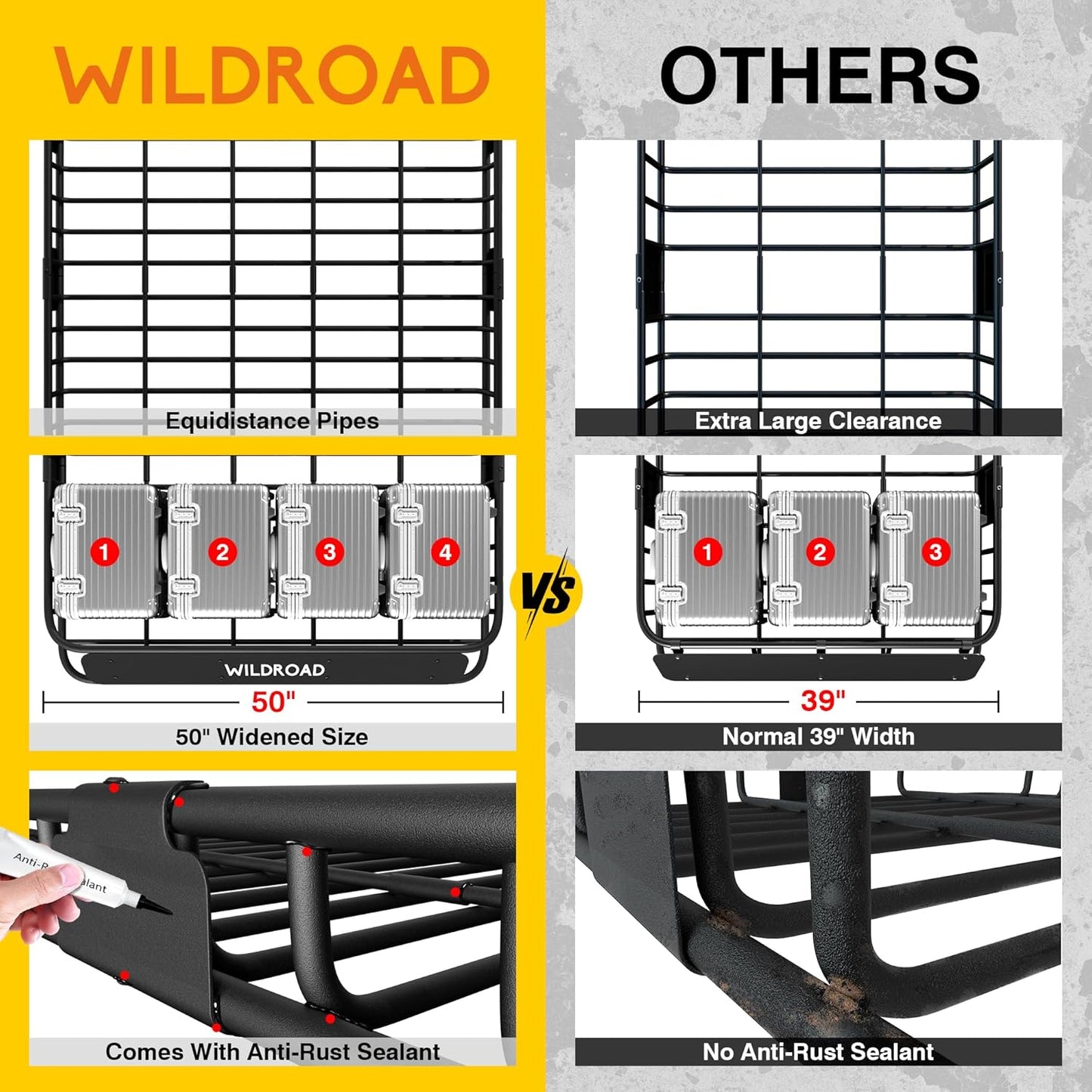 Wildroad Roof Rack Cargo Basket, Upgraded 4” Fence Wide Car Roof Basket, 64"x 50"x 4" Universal Car Top Carrier Basket with Super Duty Bungee Cargo Net and Ratchet Straps Fits for SUV Truck Cars