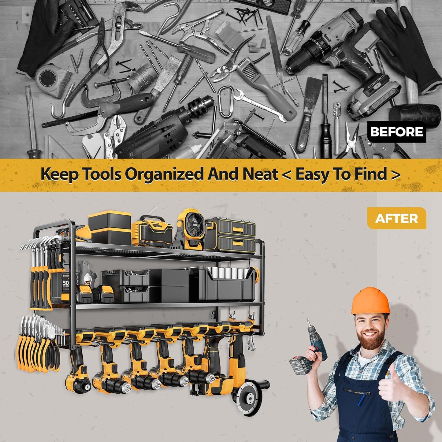 LBT Power Tool Organizer Wall Mount - 3 Layer Heavy Duty Tool Storage Rack with 7 Cordless Drill Holders, Loads 160Lbs Utility Rack for Garage, Workshop, Shed - Cool Gifts for Men, Dad, Husband