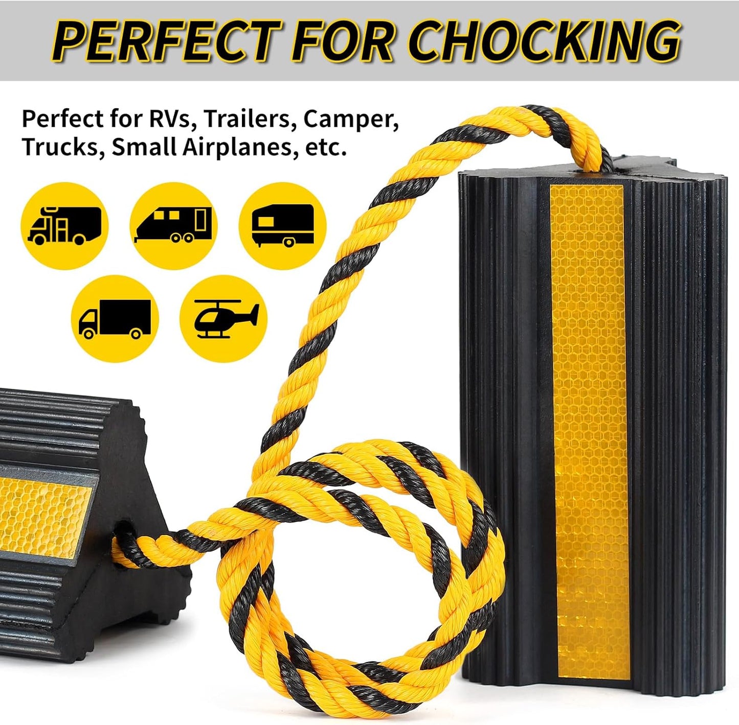 Heavy Duty Rubber Wheel Chocks, 2 Pair, Non-Slip Tire Stopper Blocks with Rope, for RV Camper Travel Trailers Motorhome Aircraft Car Truck