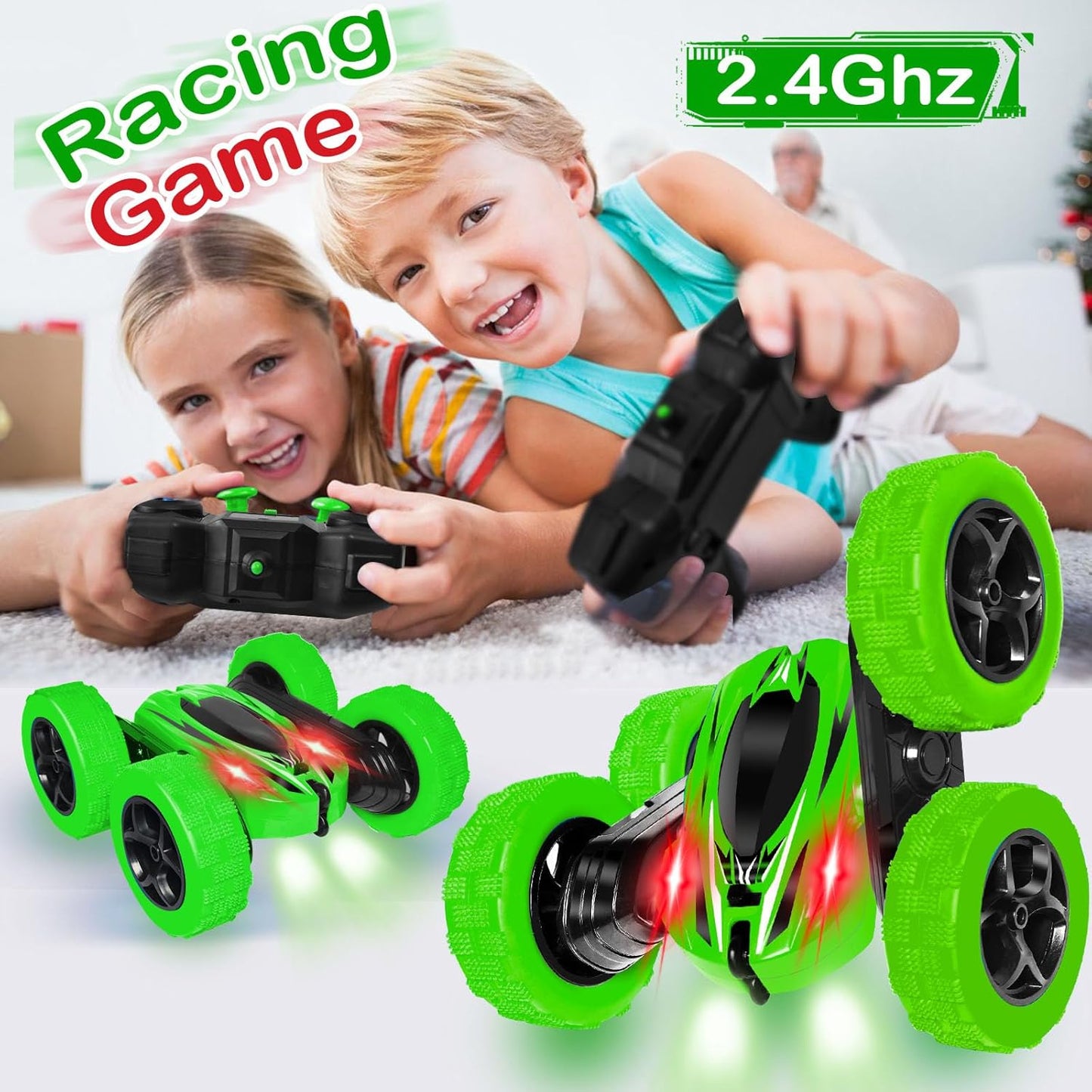 FREE TO FLY Remote Control Car for Boys 8-12: 2.4Ghz Electric Rechargeable Race Stunt Cars Double Sided 360 Rolling Rotating Rotation with Led Headlights