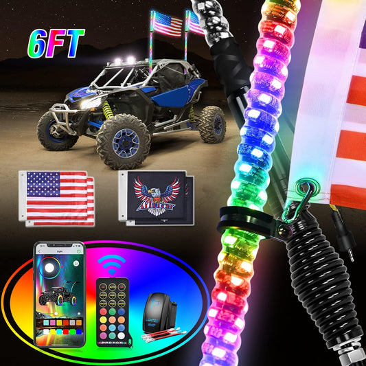 Nilight 2PCS 6FT RGB LED Whip Light with Spring Base Remote App Control w/DIY Chasing Patterns Turn Signal & Brake Lights for ATV UTV Polaris RZR Can-am Dune Buggy Jeep