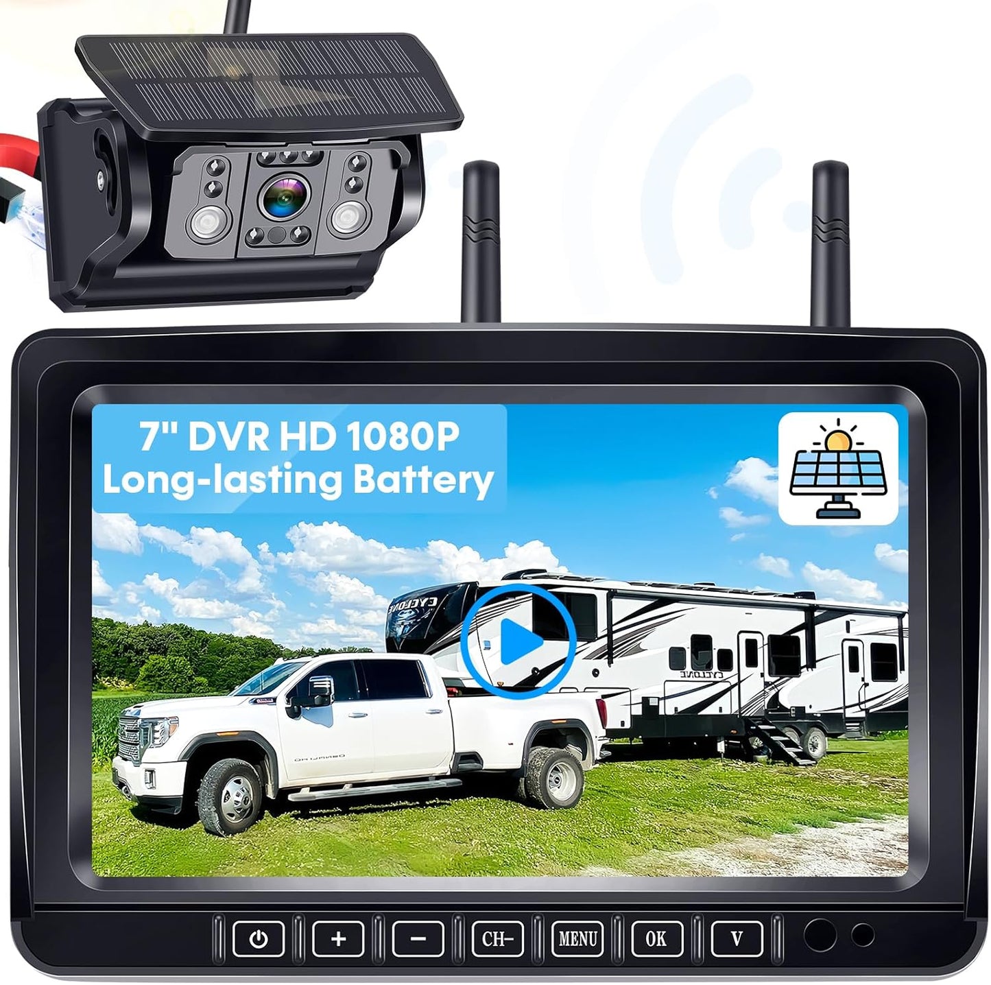 Wireless RV Backup Camera 7-inch for Trailer: Easy Setup Solar RV Rear View Camera with Recording - 4 Channels Strong Magnetic HD 1080P Long-Battery Life for Camper, Truck, Fifth Wheel