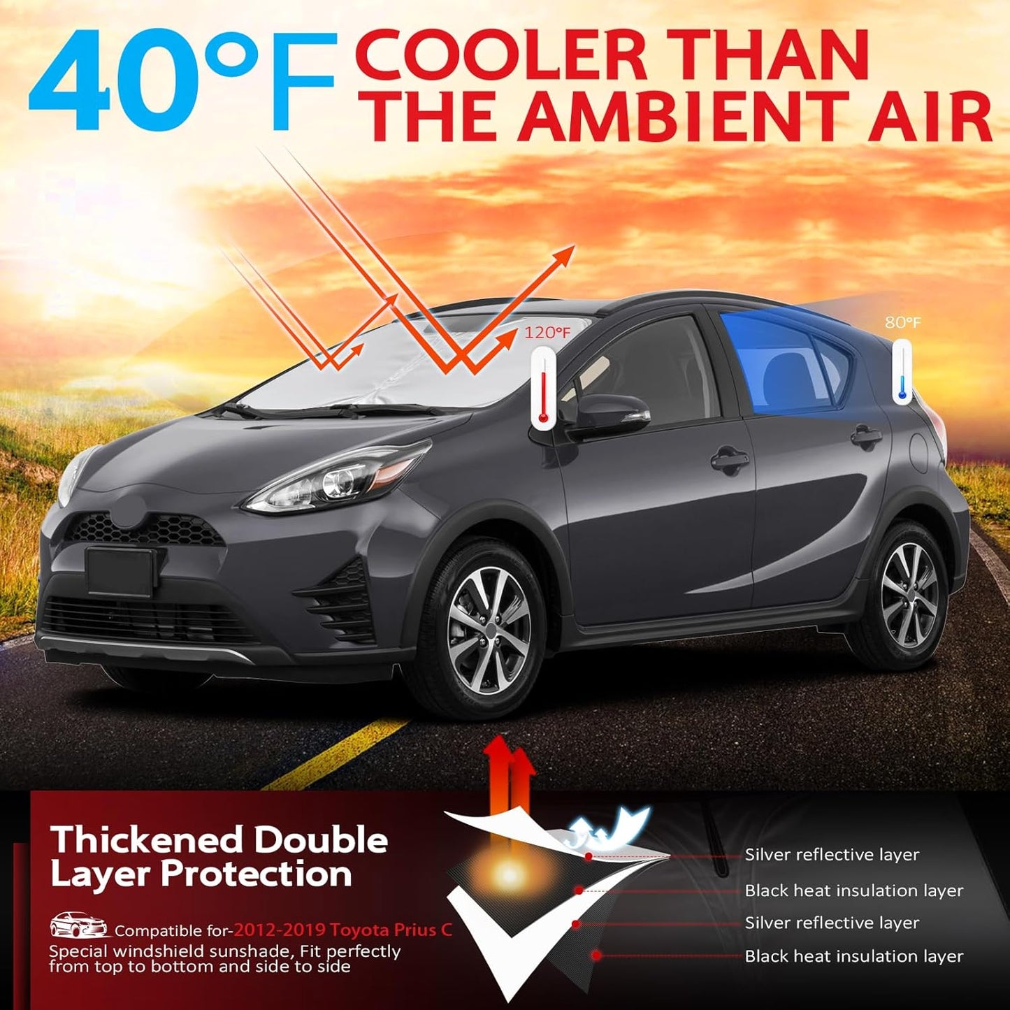 KAYZT Windshield Sun Shade for 2012-2019 Toyota Prius C Foldable Sunshade Front Window Custom Fit Car Accessories