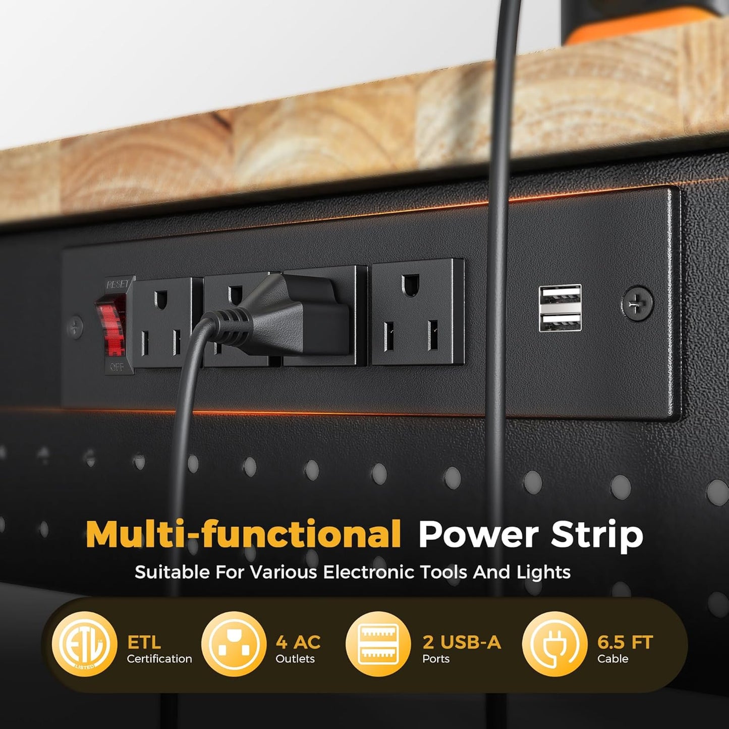 48" Adjustable Heavy Duty Workbench, 2000 LBS Load Capacity Rubber Wood Work Table with Pegboard, Power Outlets, Work Bench for Garage, Workshop, Office, Home, Commercial