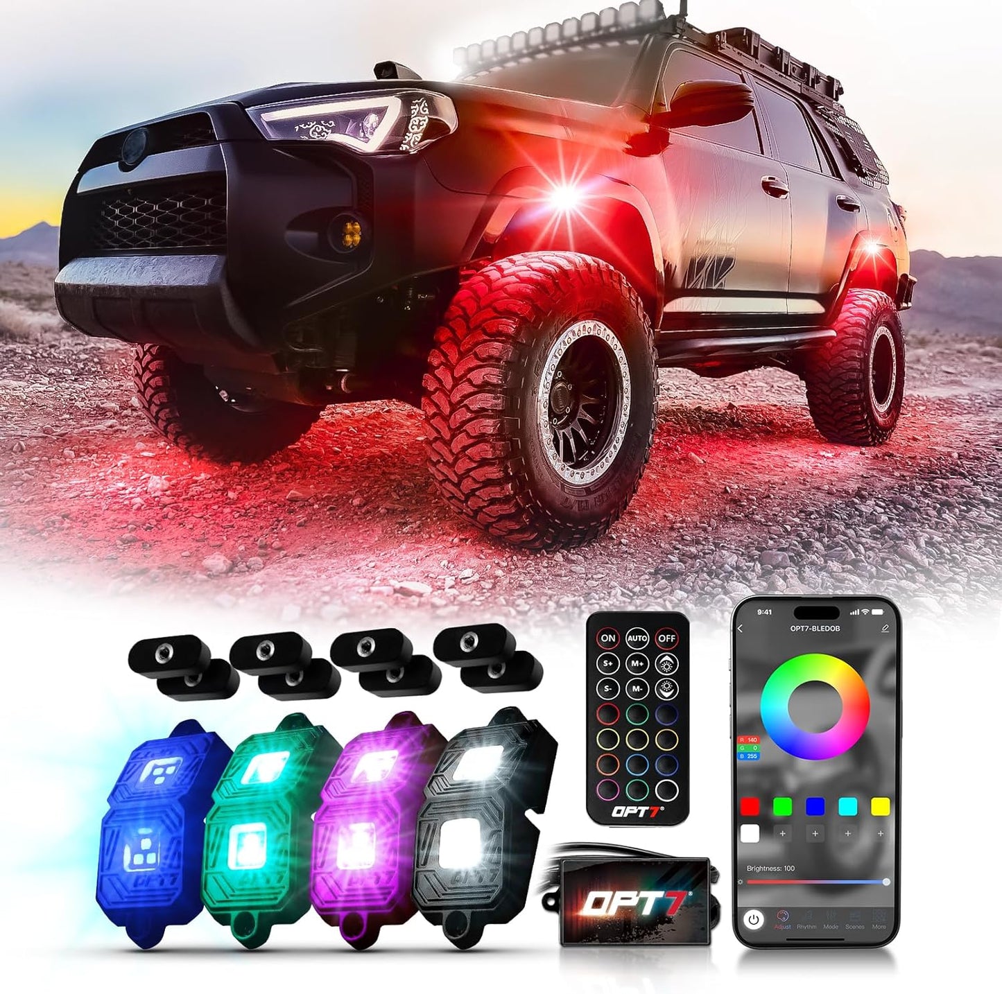 OPT7 Photon RGB LED Magnet Rock Lights with APP & Remote Control, 4 Black Pods Wide Angle Multicolor Neon Underglow Lighting Kit with Extension Wire, IP68 Waterproof for Offroad Truck Jeep RZR ATV UTV