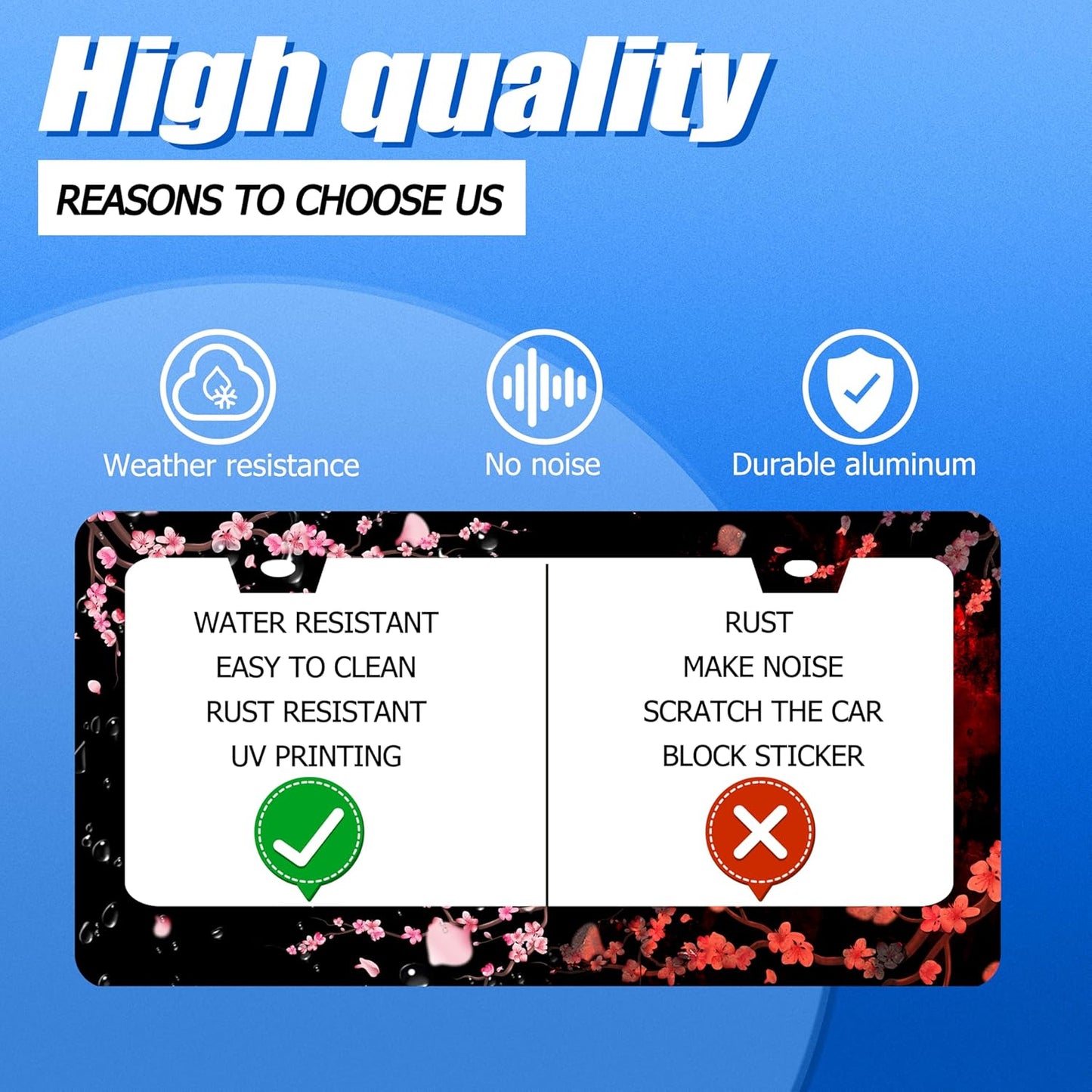 Cherry Blossom License Plate Frame Beautiful Flowers Pink License Plate Stainless Steel Funny License Plate Holder Floral Car Accessories Decoration With Screws Fits Standard Vehicles Size 12.3"x 6.3"