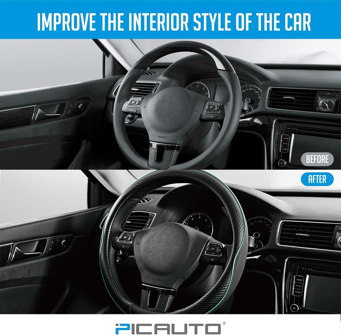 PIC AUTO Steering Wheel Cover, Mint Piping Leather, Sports Carbon Fiber and Super Breathable Leather, Universal 14.5-15.5 Inch Anti-Slip Steering Wheels Accessories for Men & Women