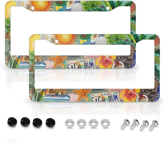 Summer Beach License Plate Frames - 2 Pcs Set 2 Holes Metal Aluminum Auto Car Accessories Decoration License Plate Frame 12.2 x 6.3 inch for Women Men Gift