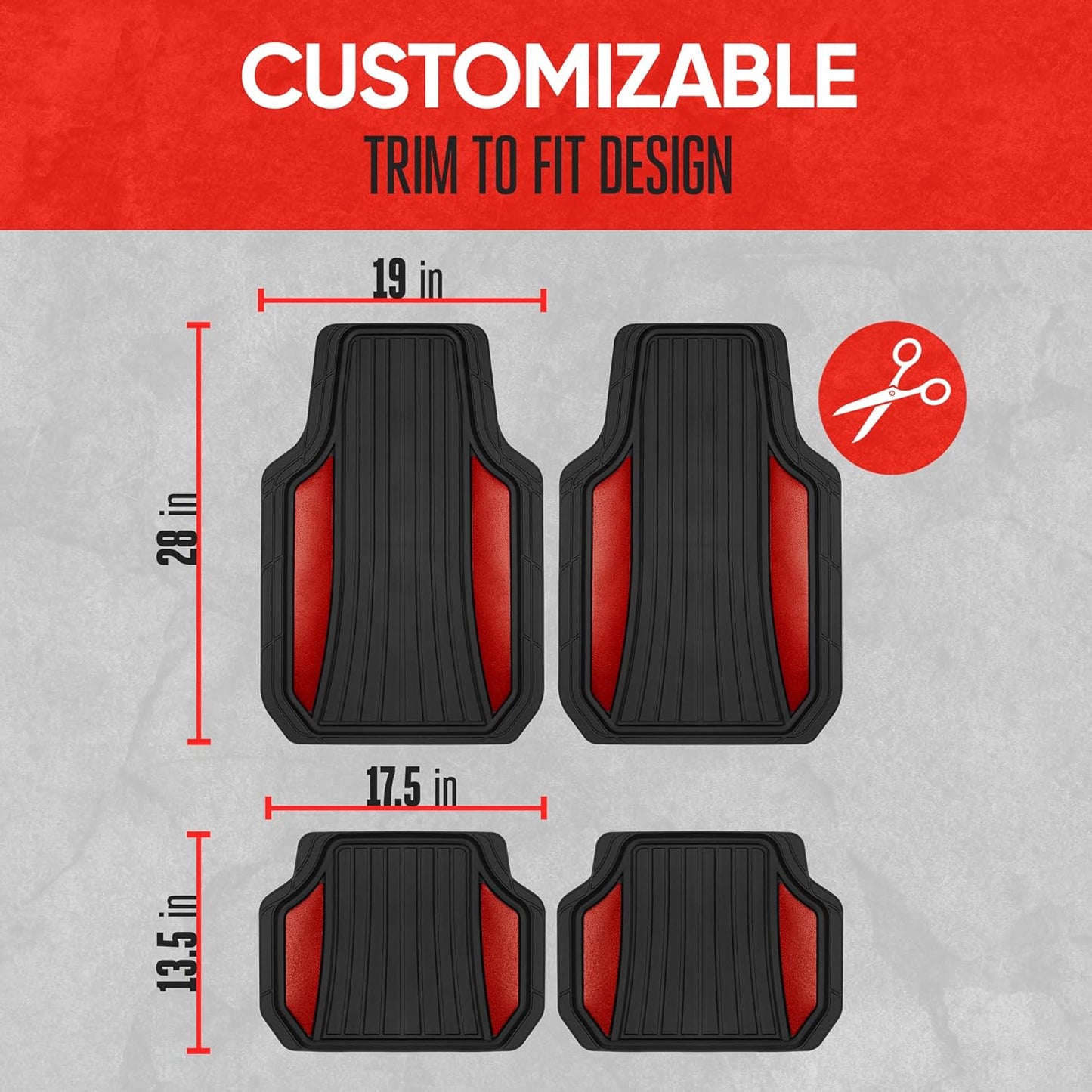 Motor Trend ChromeTech Car Floor Mats Full Set - Durable Rubber Floor Mats for Cars with Two Tone Accent, All Weather Interior Protection for Front and Rear with Non-Slip Backing, Red Chrome