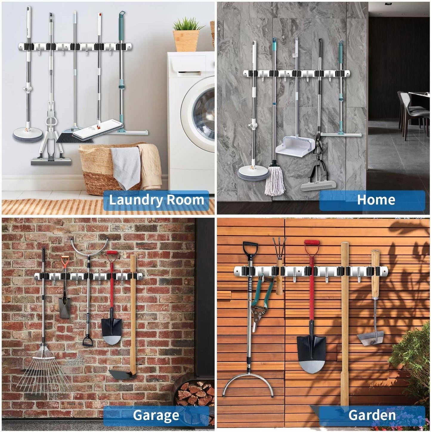 2 Pack Broom Holder Wall Mount, Stainless Steel Broom Hanger Wall Mount, Heavy Duty Mop and Broom Holder Tool Racks Utility Hooks for Laundry Room Garden Garage, Black (5 Racks and 4 Hooks)