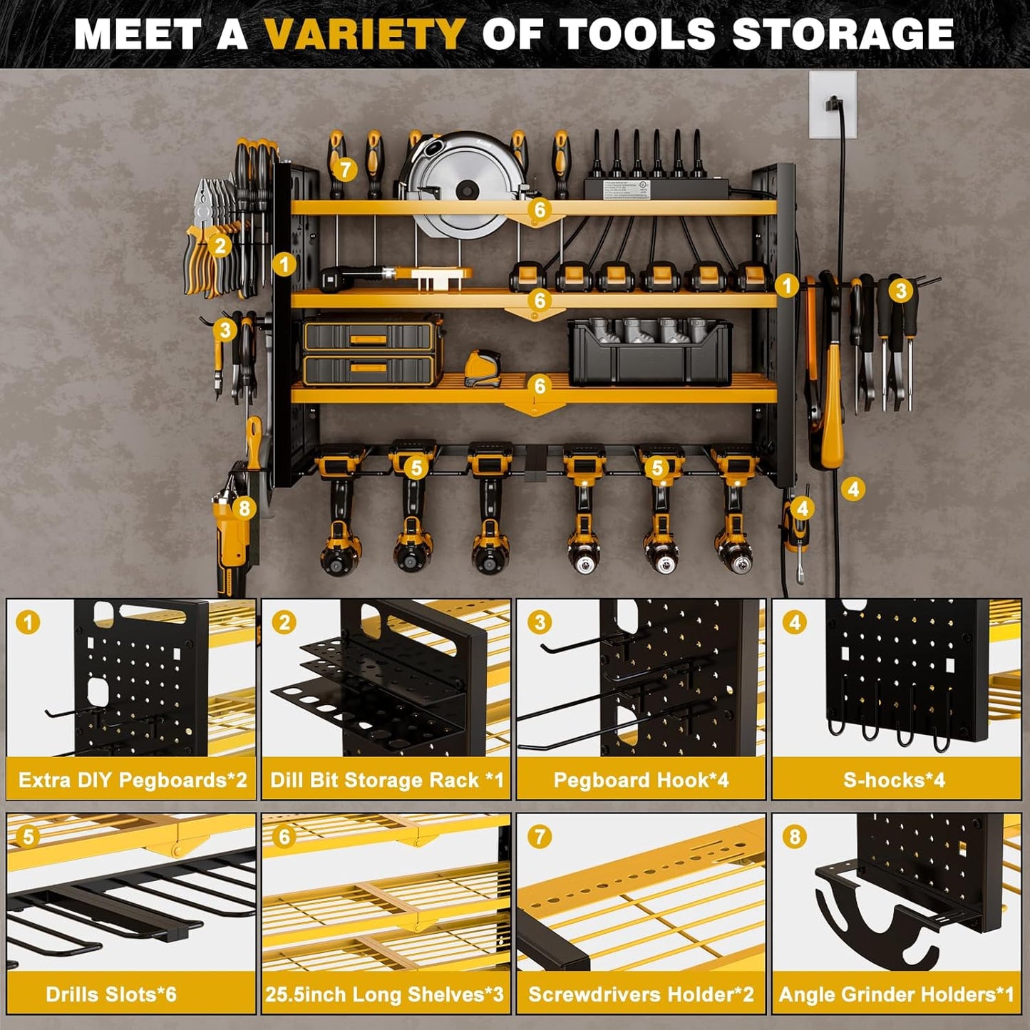 Power Tool Organizer Wall Mount with Charging Station 4 Layer 6 Slot Cordless Drill Holder with Angle Grinder Holder (Yellow)