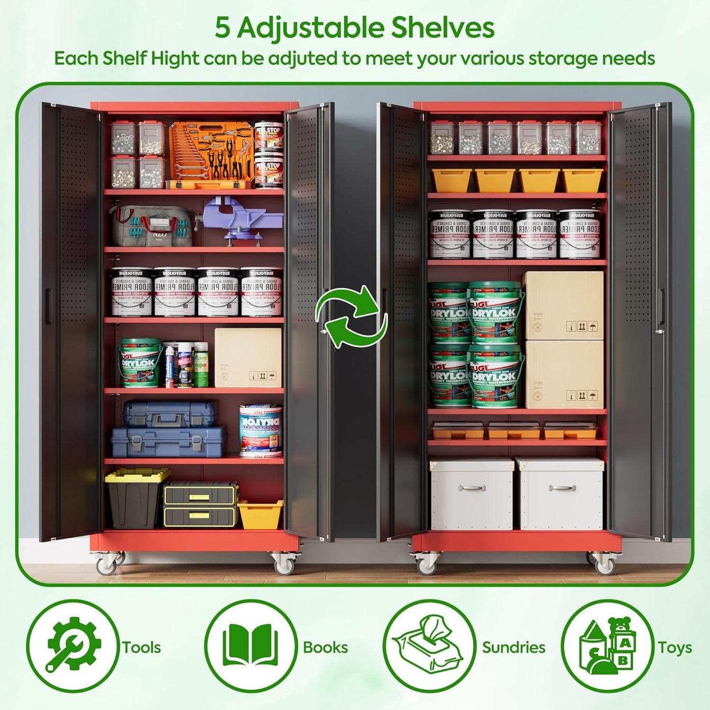 Garage Storage Cabinet with Pegboard and 5 Adjustable Shelves, 71'' x 32'' x 16''Metal Lockable Cabinet with Magnetic Doors,Tool Storage,Home Office Garage,Gym,School (Black-red)