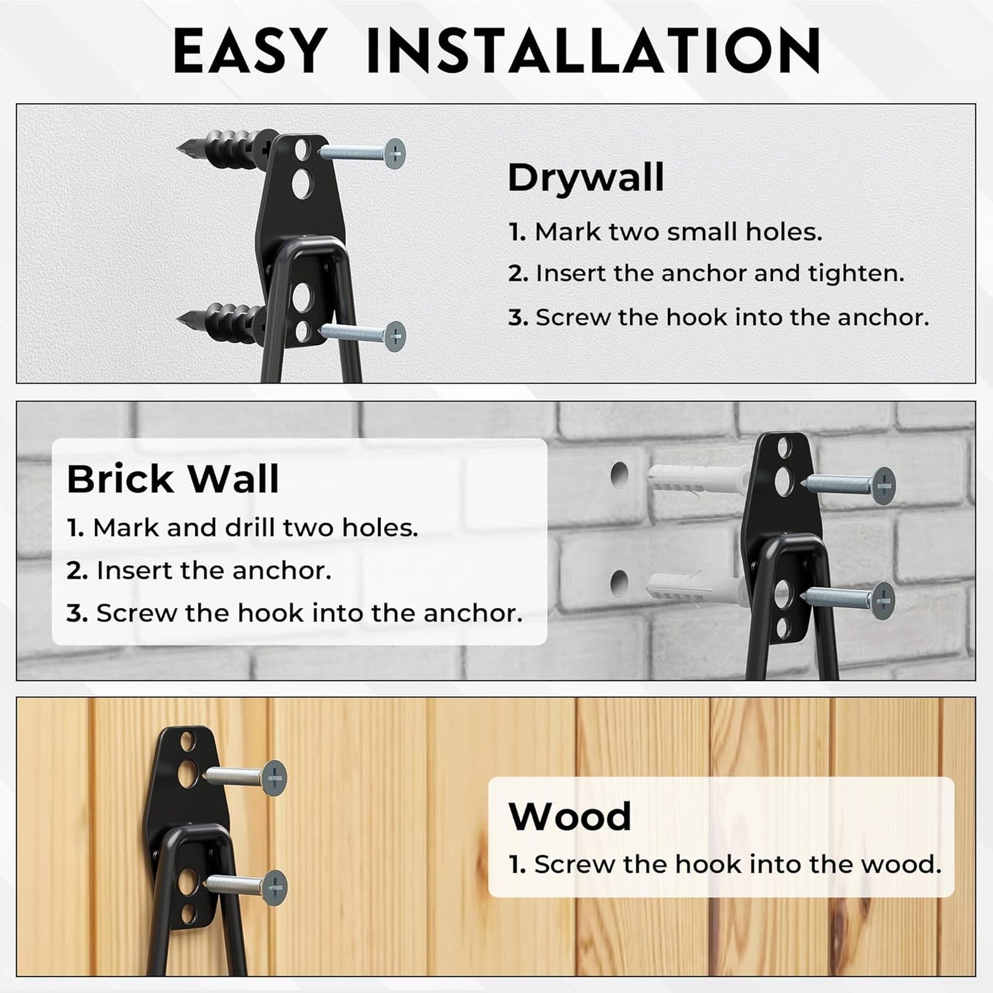 BONTEC Heavy Duty Garage Hooks, Anti-Slip Coated Black Steel with Strong Load Capacity, Multi-Sized U and J Hooks, Easy Wall Mount for Garage, Garden, Workshop (Black, 14 Pack)