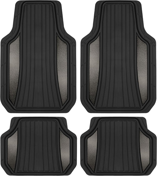 Motor Trend ChromeTech Car Floor Mats Full Set - Durable Rubber Floor Mats for Cars with Two Tone Accent, All Weather Interior Protection for Front and Rear with Non-Slip Backing, Gunmetal Chrome