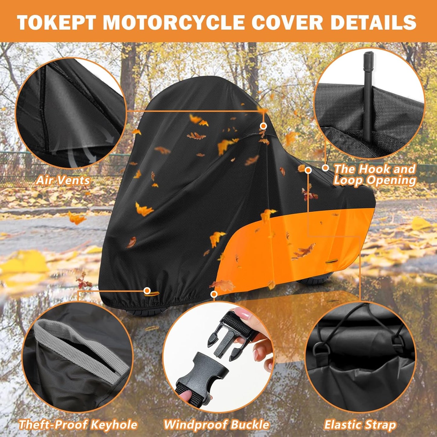 Motorcycle Cover, with Vents Dirt Bike Cover,for Different Touring Models Harley Davidson Road King,Road Glide,Street Glide,Electra Glide,Low Rider-ST (Black&Orange)