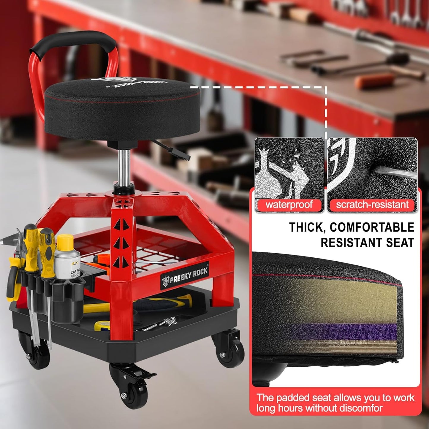 Rolling Shop Stool with Wheels, Heavy Duty Garage Work Mechanic Stool with Backrest, Adjustable Height 360°Swivel Rolling Chair with Tool Tray Storage, 330 LBS Capacity, Red