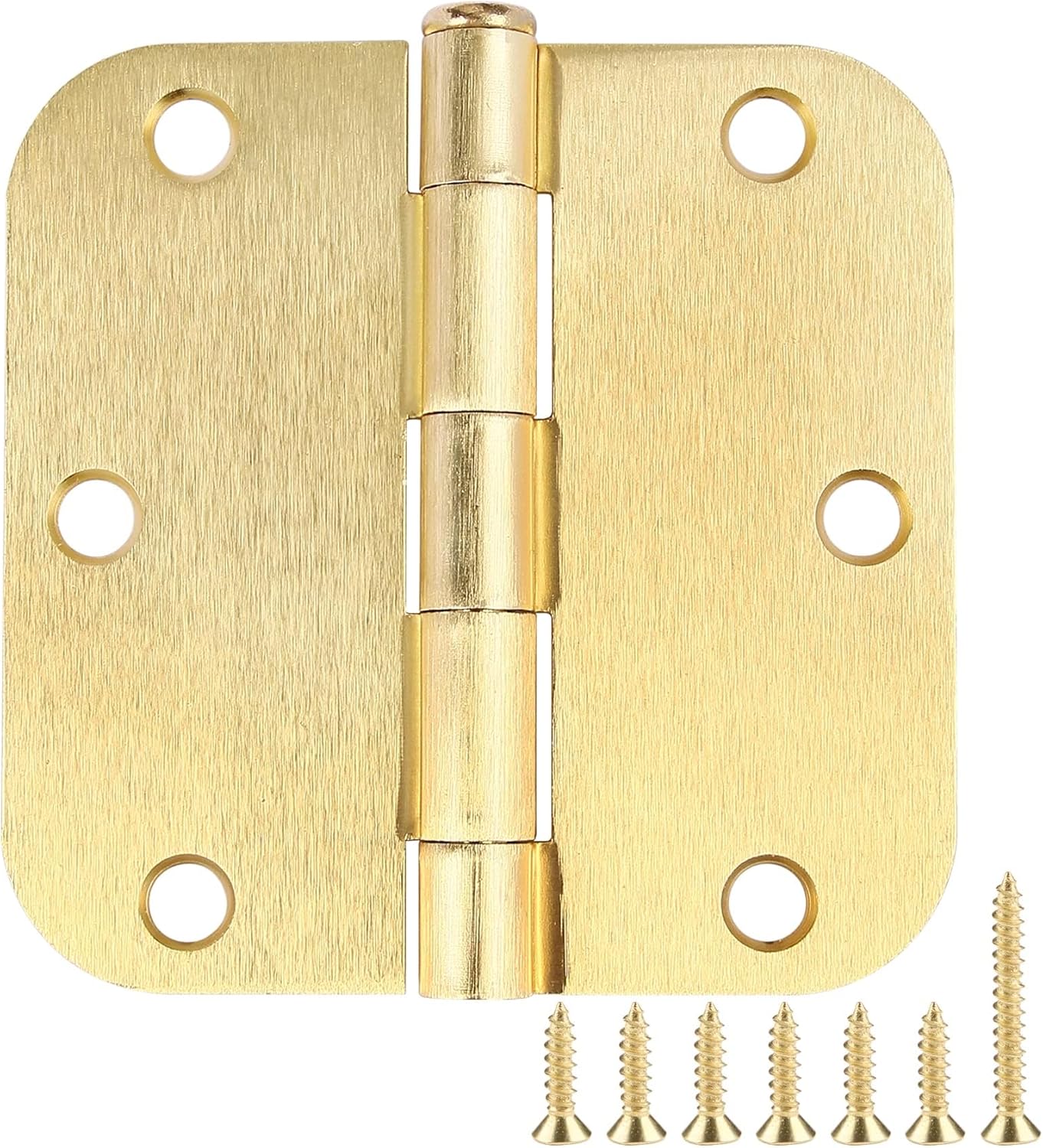 3 Pack Round Door Hinges 3-1/2" x 3.5 inch, 5/8 Radius, Brushed Brass 3 ½ Inch Satin Gold House Interior Hinge for Bed/Living/Guest/Pantry/Storage/Study/Work Room Doors Heavy Duty Iron Hardware Kit