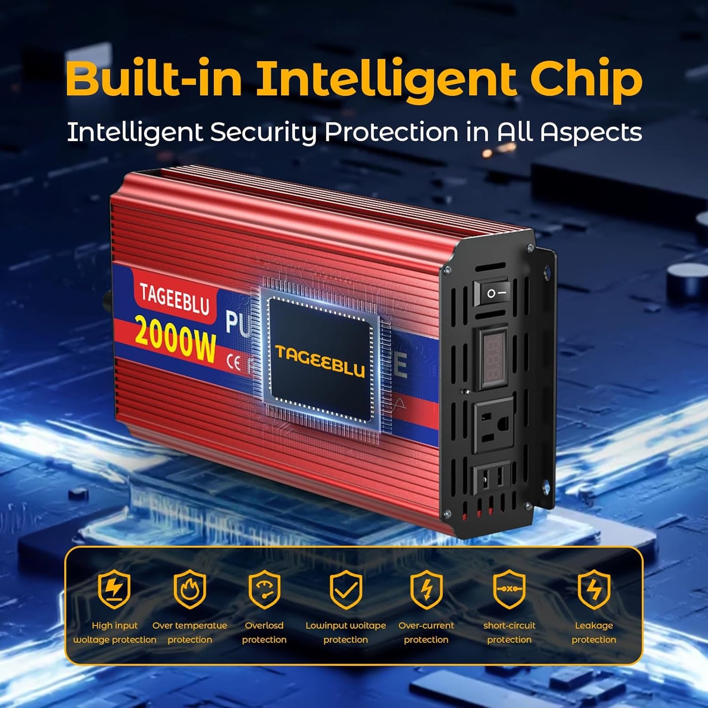 2000W Pure Sine Wave Inverter, 12V DC to 110V/120V AC Power Inverter for RV、Microwave、Off Grid、Truck、Refrigerator、with 2 AC outlets and LCD Display