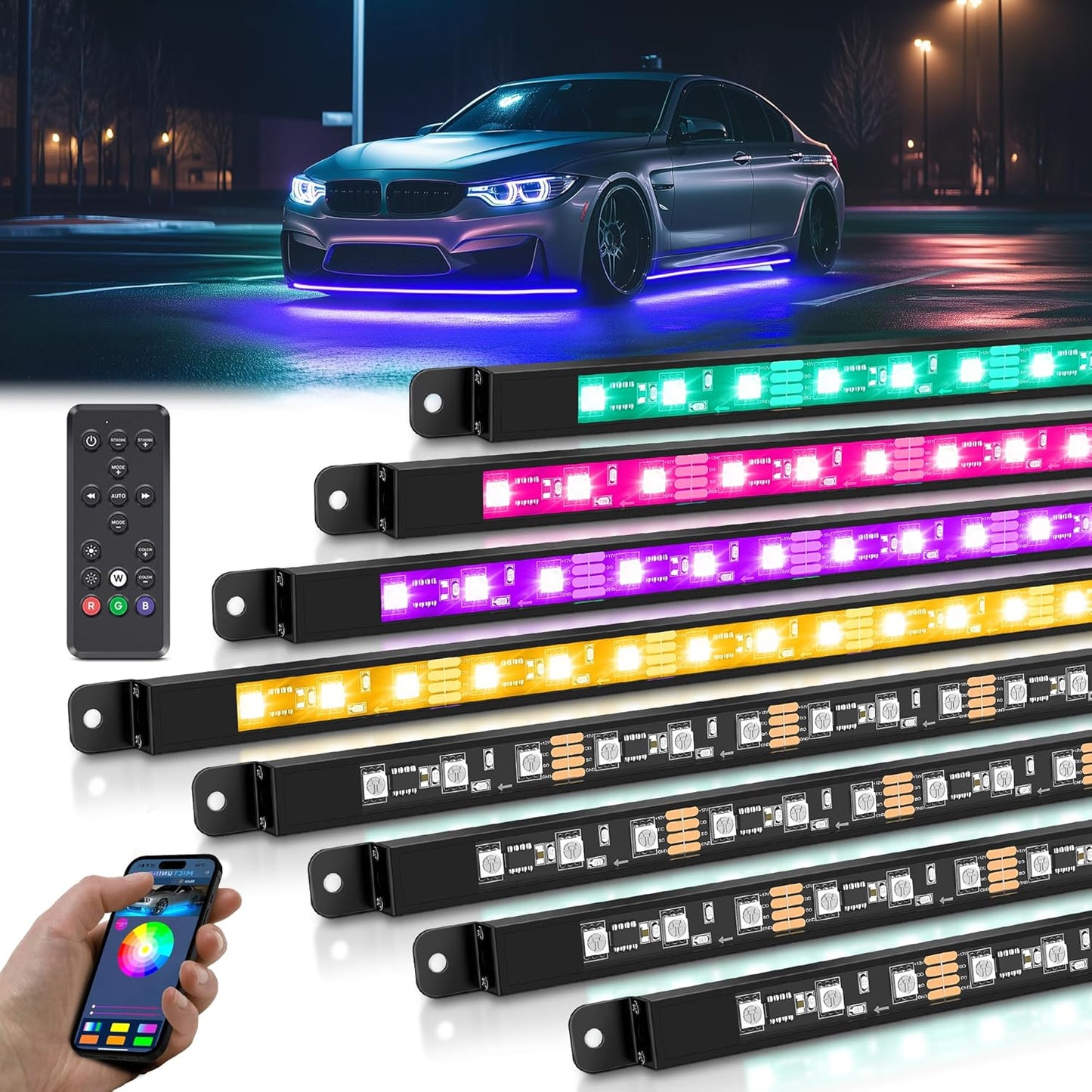 MICTUNING 8Pcs N8+ RGBW Underglow LED Lights for Cars, APP & Remote Dual Control, IP68 Waterproof Aluminum Multicolor Modes Music Soundsync Exterior Neon Accent LED Light Bar, 2 Years Warranty