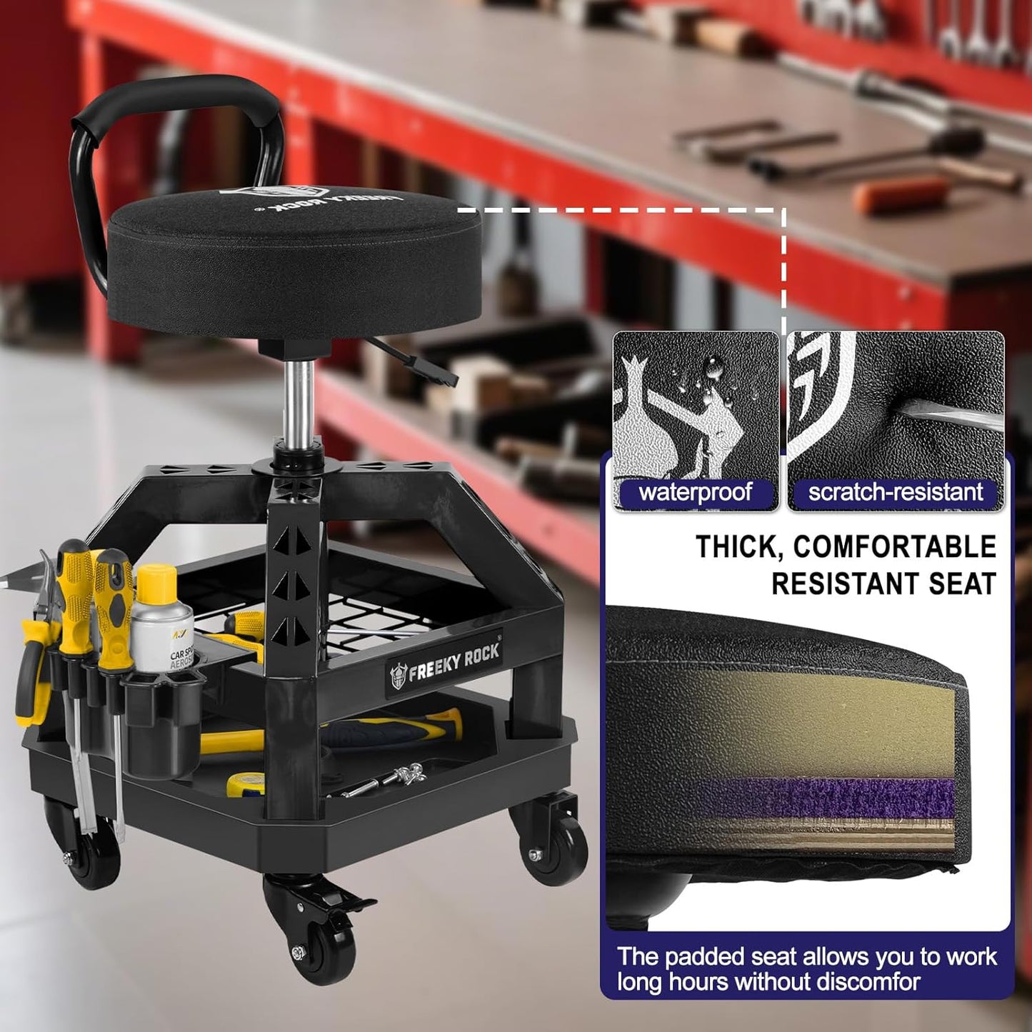 Rolling Shop Stool with Wheels, Heavy Duty Garage Work Mechanic Stool with Backrest, Adjustable Height 360°Swivel Rolling Chair with Tool Tray Storage, 330 LBS Capacity, Black