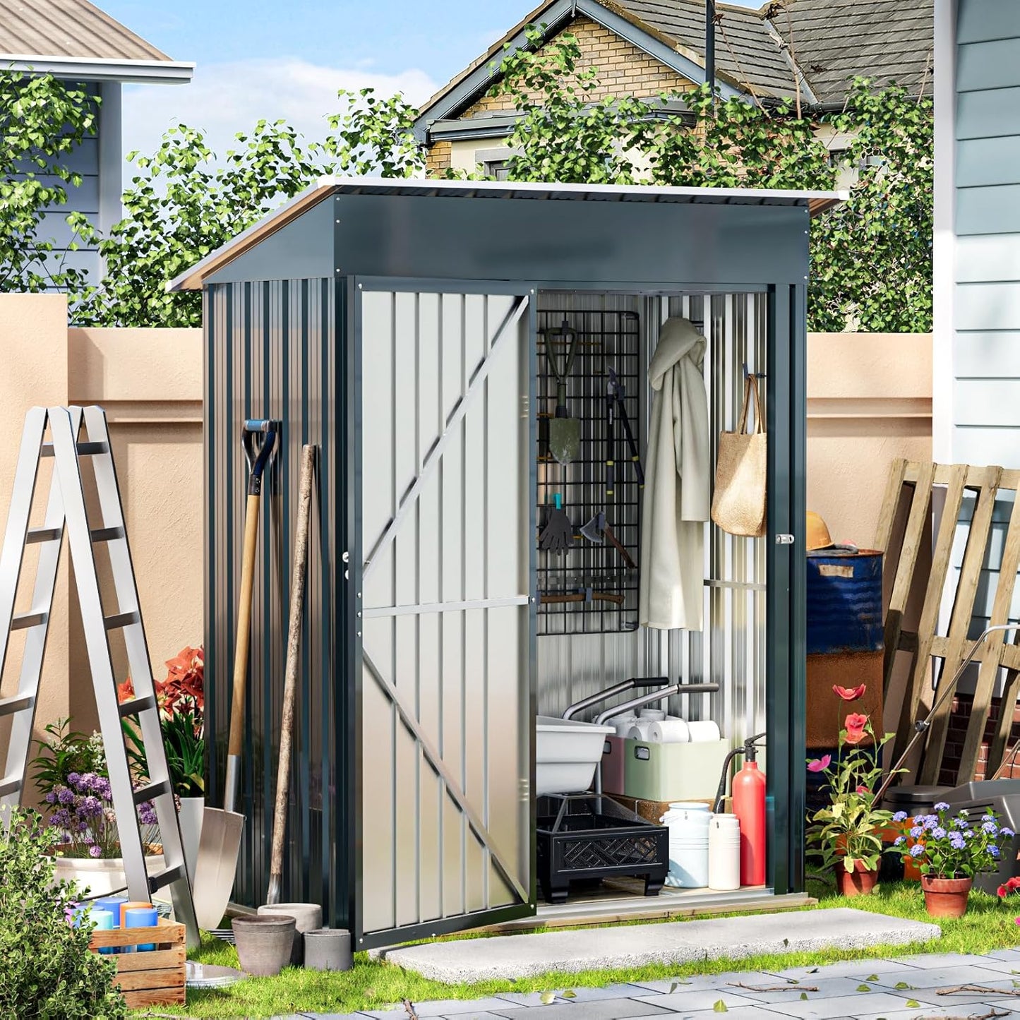 5X3X6.1FT Outdoor Steel Storage Shed with Frame Floor and Lockable Doors, Ideal for Garden, Backyard, Patio Storage