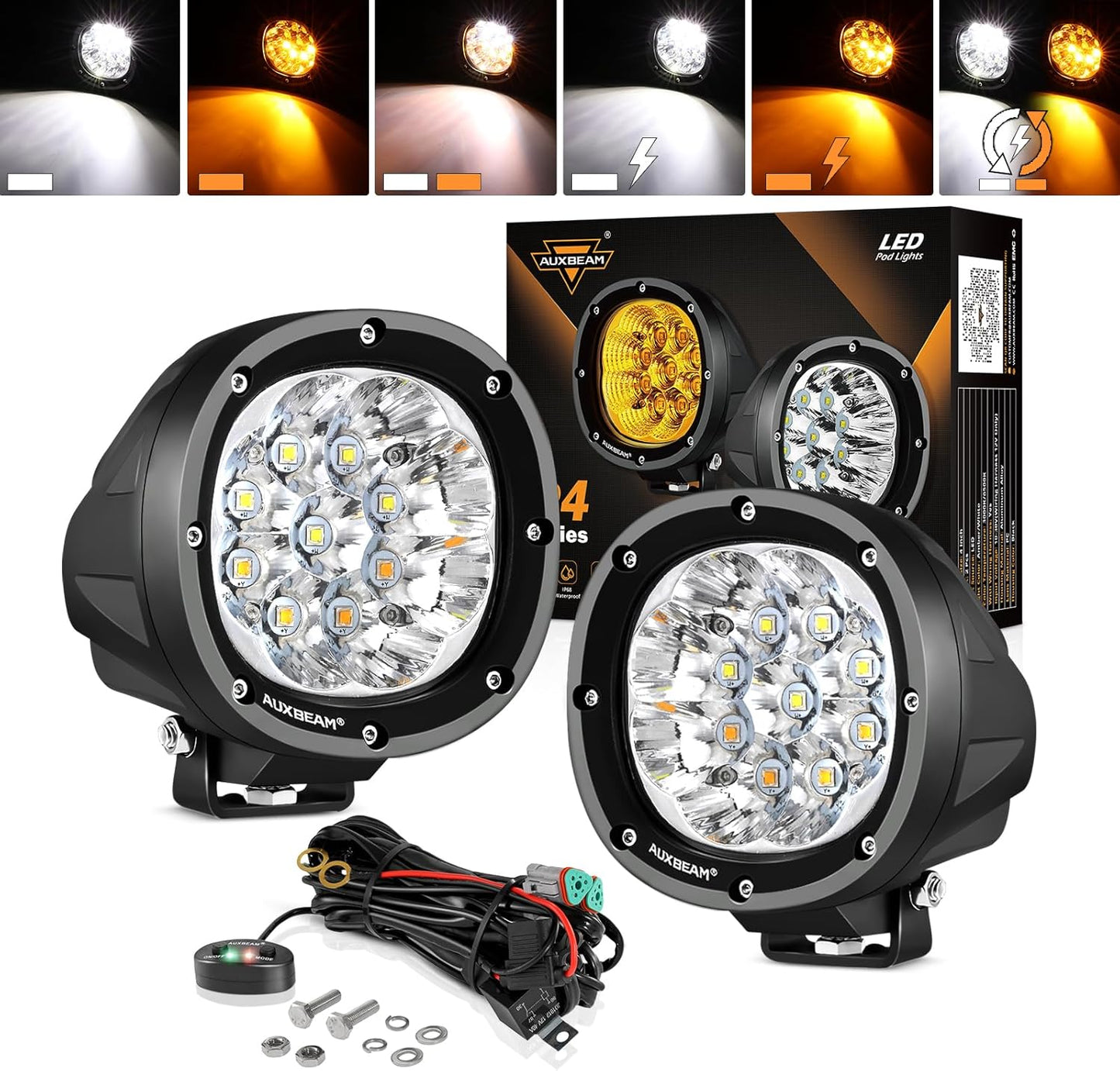 Auxbeam 4 Inch Round Offroad Light, 90W LED Amber White Spot Strobe Light Pods with 6 Modes, Dual Color Flashing Driving Fog Lights Bar Plug & Play for Truck, Pickup, SUV, ATV, UTV, 4x4, Jeep