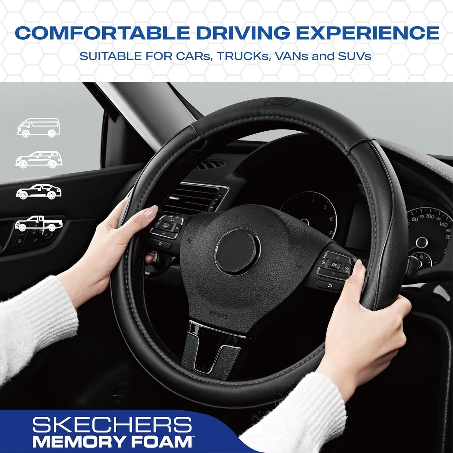 Skechers Memory Foam Steering Wheel Cover,Piping Microfiber Leather Steering Wheel Cover Sporty Universal Fit 14" 1/2-15" Car Wheel Protector for Men Women Fit Suvs,Vans,Sedans,Car,Trucks,Black