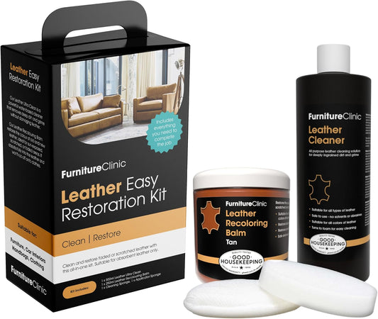 Furniture Clinic Leather Easy Restoration Kit | with Leather Recoloring Balm, Cleaner, Sponge, and Cloth | Leather Repair Kit for Scratched and Faded Furniture (Tan)