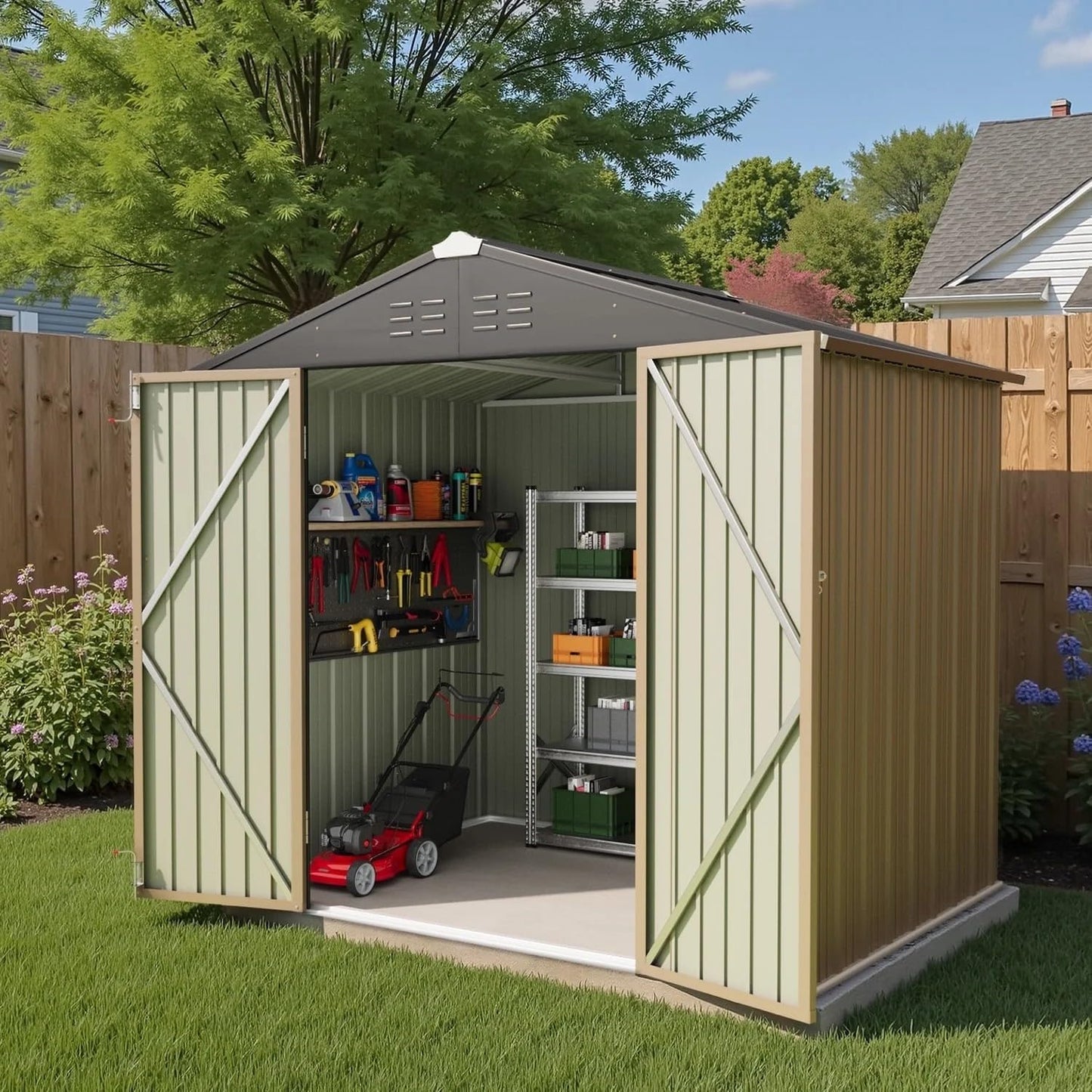 Greesum 8×6FT Outdoor Storage Shed, Metal Patio Storaged Sheds with Lockable Doors, Sheds & Outdoor Storage for Bike, Backyard, Pool and Garden, Brown