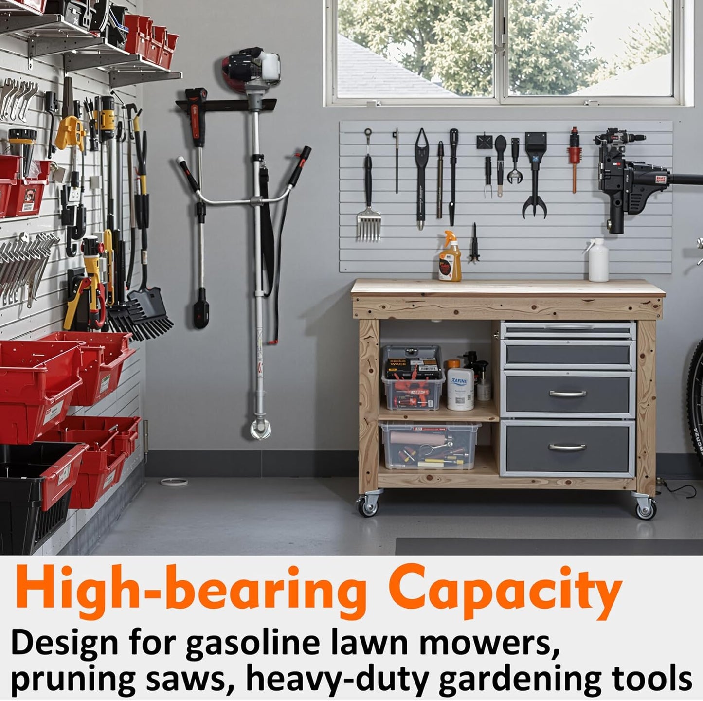 MUTUACTOR Heavy Duty Weed Eater Hanger,Large Opening Garage Organizer Weedeater Rack Wall Mount,Space-Saving Garden Grass Weed Trimmer Rack 2 Slots for Holding Heavy Tools in Shed,Yard or Garden