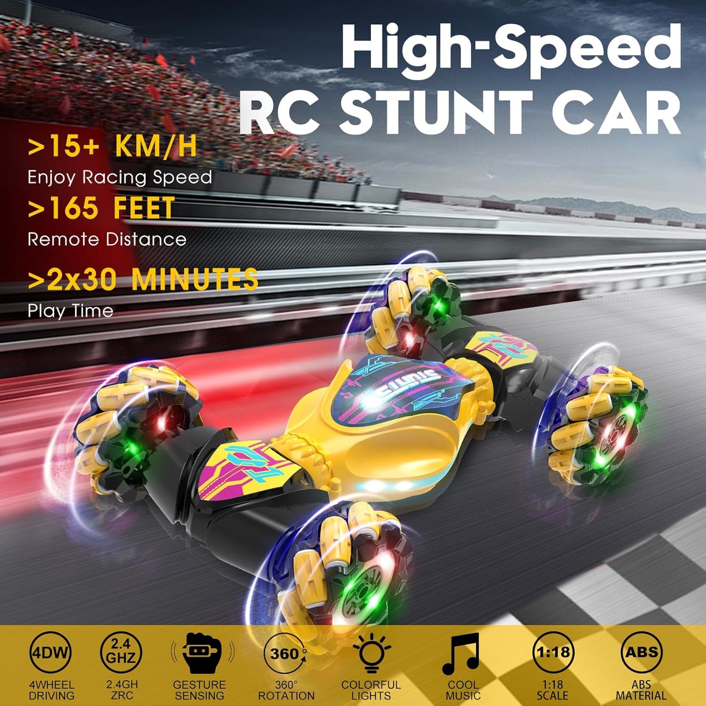 Gesture RC Car - Gesture Sensing RC Stunt Car Toys for Boys Girls Aged 6-12, 2.4GHz 4WD Hand-Controlled Remote Control Twist Car with Lights Music - Best Birthday Gifts for Kids