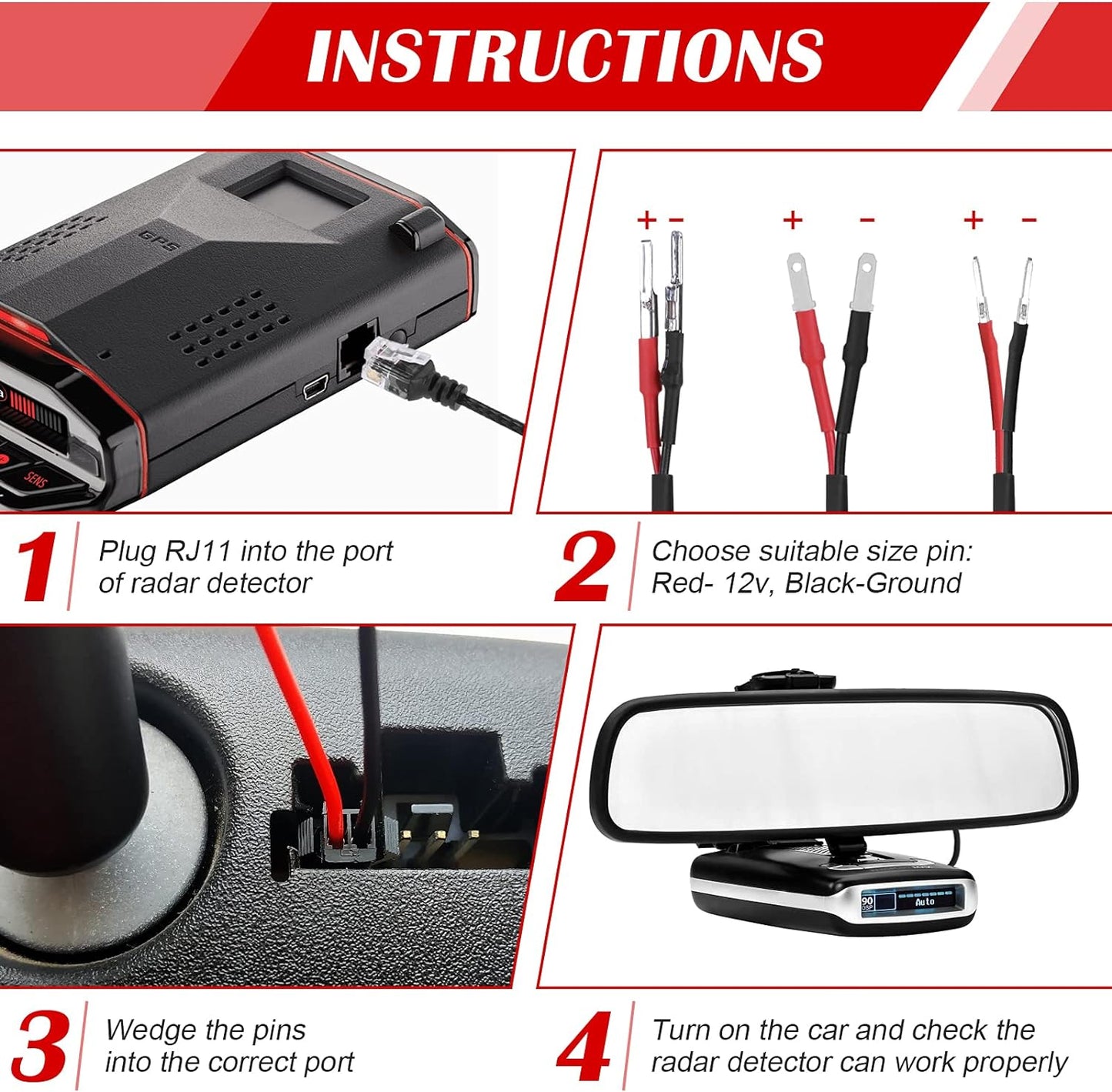 14" Upgraded Mirror Plug Wire Tap Radar Detector Hardwire Power Cord Kit for Escort Valentine One Uniden Beltronics, Mount RJ11 with Braided Set of 3