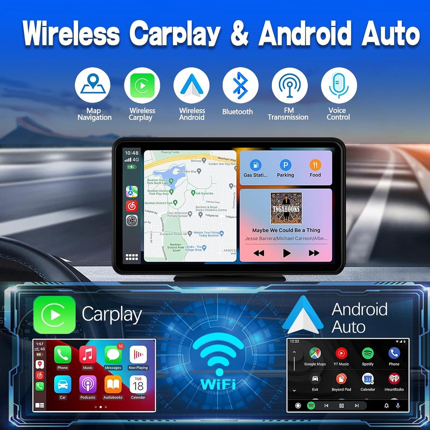 Wireless Double Din Car Stereo Compatible with Apple CarPlay and Android Auto,7" HD Portable Bluetooth CarPlay Touch Screen for Car,with Car Play Dash Mount and Backup Camera