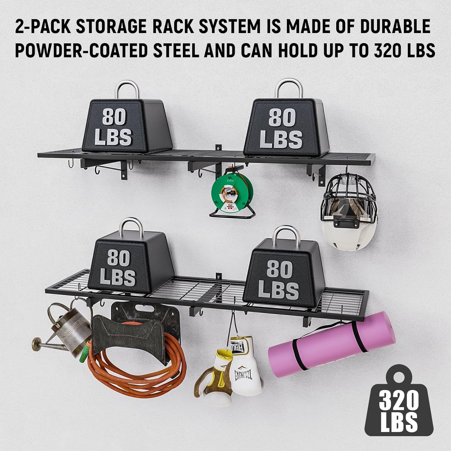 2 Pack Garage Wall Shelves, 46"X 12.5" Garage Shelving Wall Mounted, Heavy Duty Wall Shelf Organizer with 8 Hooks, Black Floating Storage Metal Rack 320 LBS Capacity for Laundry Room, Office, Basement