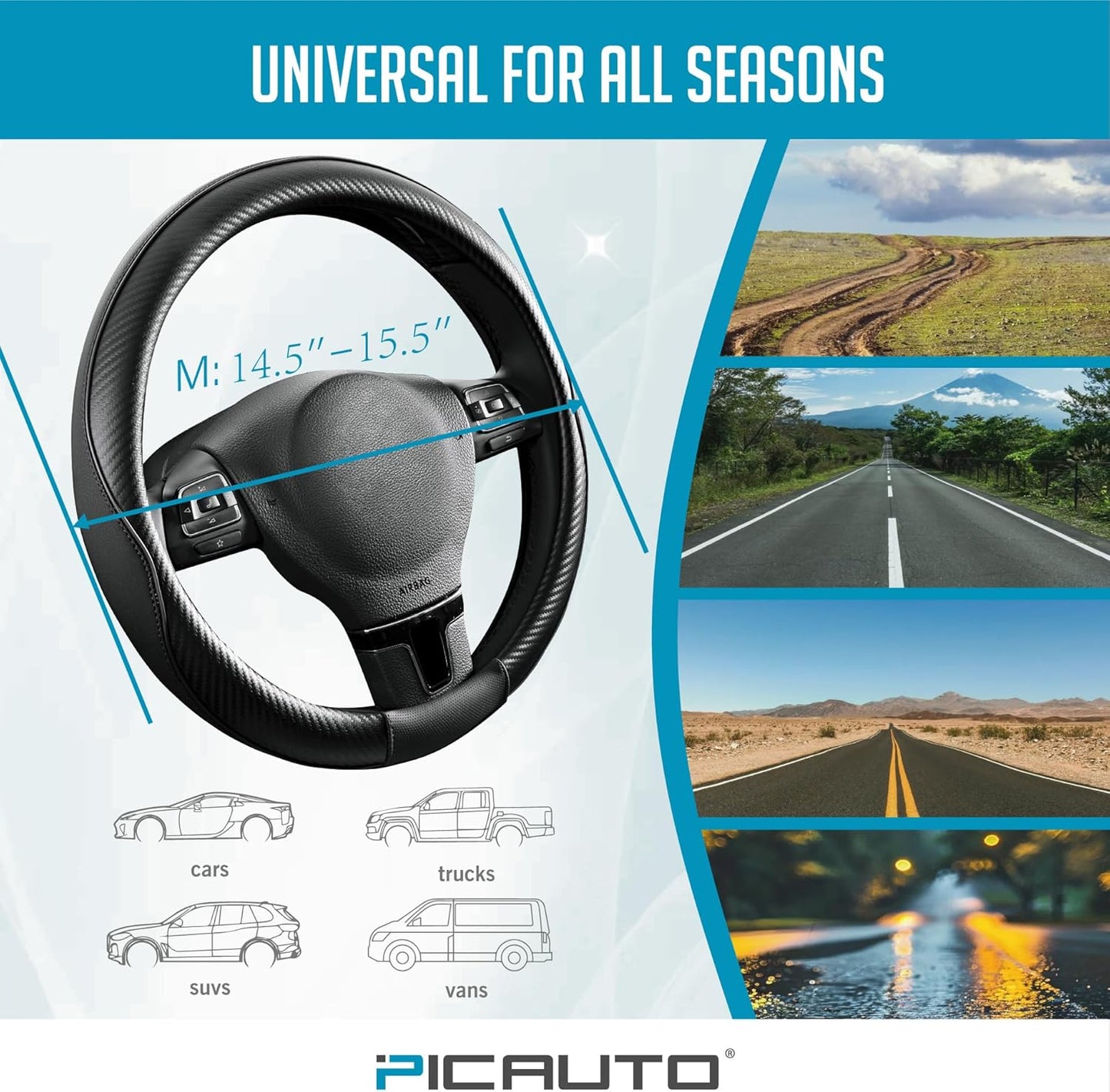 PIC AUTO Steering Wheel Cover, Black Piping Leather, Sports Carbon Fiber and Super Breathable Leather, Universal 14.5-15.5 Inch Anti-Slip Steering Wheels Accessories for Men & Women